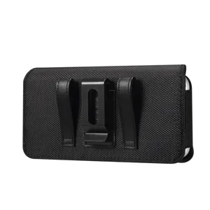 Gedetailleerd close-upoverzicht van de duurzame zwarte oxford stoffen riemholster met metalen clip.