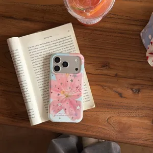 Pink lily flower phone case compatible with iPhone 15 16 Pro Max stylish star phone cover