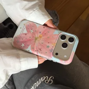 Aesthetic pink lily flower phone case with shiny stars, stylish protective back cover for iPhone.