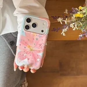 Pink lily star phone case compatible for iPhone 15 16 17 pro max aesthetic cover