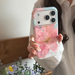 Pink lily flower star phone case with gradient frame, compatible with iPhone 16 15 Pro Max.