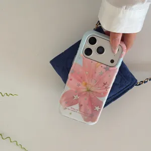 Pink lily flower clear phone case with shiny stars glitter for iPhone 15 16 Pro Max elegant style