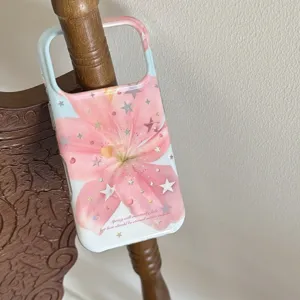 Pink lily flower phone case with shiny stars aesthetic cute protective cover for iPhone 15 16