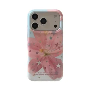 Pink lily star pattern phone case compatible with iPhone, cute aesthetic design cover.