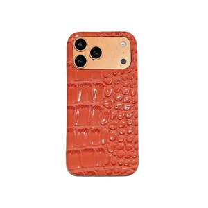 Oranje krokodillenpatroon telefoonhoesje voor iPhone luxe lederen etui schokbestendig.