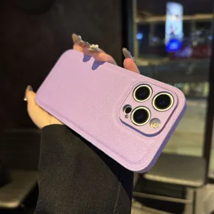 Funda de teléfono de cuero con textura litchi lavanda para iPhone, funda protectora.