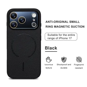 Vista detallada de la funda magnética de cuero PU negro con textura, compatible iPhone 17.