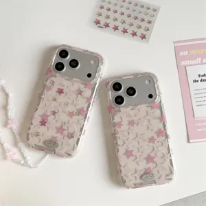 Custodia per telefono trasparente con stelle rosa dolce coreane per iPhone, doppio strato brillante.