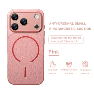 Vista detallada de la funda de teléfono magnética de cuero PU rosa para la serie iPhone 17.