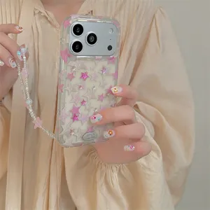 Cover per telefono rosa con stelle stile coreano dolce e cordino di perle per iphone