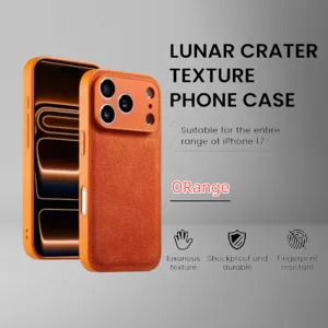 Oranje maan krater textuur telefoonhoesje voor iPhone, luxe PU leer schokbestendige bescherming