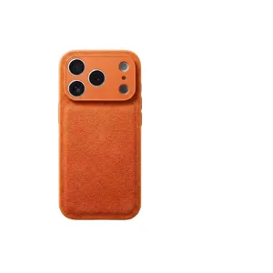 Oranje lederen telefoonhoes voor iPhone, valbestendige beschermhoes met speciale camerabescherming.