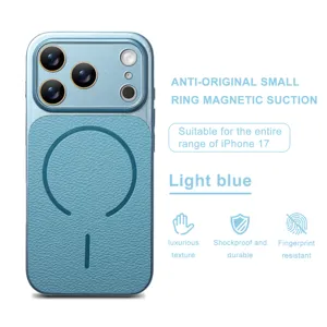 Fundas protectoras de cuero PU azul claro con anillo MagSafe para iPhone 17, antichoque.