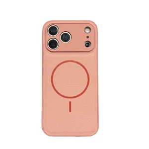Pink magnetic leather phone case for iPhone, compatible with wireless charging and protection.