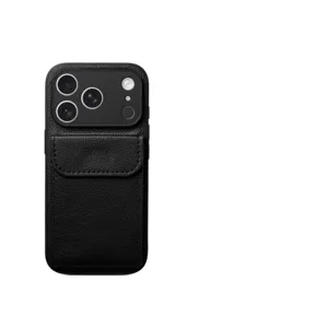 Black leather magnetic card holder phone case with full protection and card pocket design.