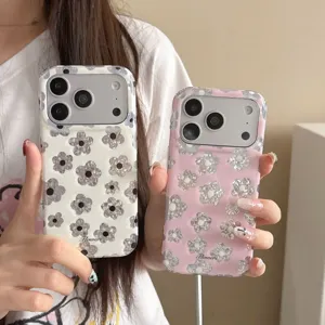 Coque de Téléphone IMD Paillettes Florales Style Coréen Imprimé Floral Total Doux Coque Arrière Antichoc pour iPhone Femmes