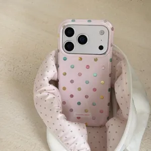 Cute pink colorful polka dot phone case for iPhone, stylish aesthetic protective cover.