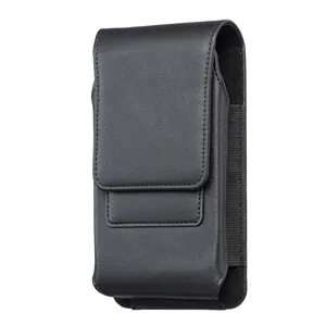 Vue détaillée de la pochette de ceinture verticale pour téléphone en cuir PU noir.