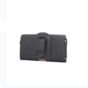 Detailed view of black leather phone holster with belt clip and textured grain finish.