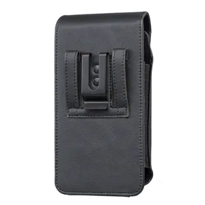 Housse étui vertical de téléphone portable en cuir PU noir avec pince de ceinture en métal.