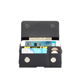 Black litchi pattern leather multi-functional phone wallet with card slots and magnetic buttons.