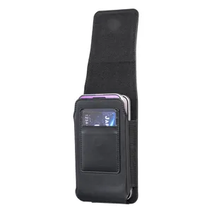 Vue détaillée d'étui de téléphone vertical en cuir PU noir, sacoche de ceinture universelle.
