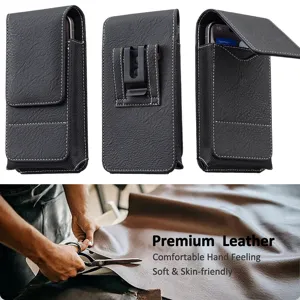 Detail view of universal leather waist pouch with belt clip, durable oxford phone holster case.