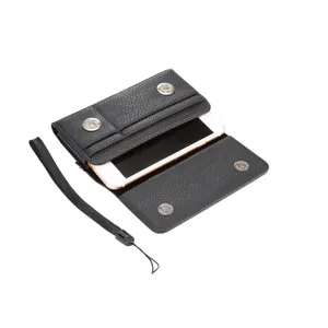 Black litchi grain leather phone wallet case with card slots, wrist strap and magnetic snap.