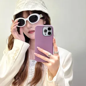 Detailed view of the stylish purple leather texture phone case, perfect mirror selfie showcase.