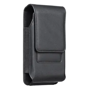Vue détaillée de l'étui de téléphone vertical en cuir PU noir, double poche universelle.