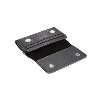 Black litchi pattern leather wallet with multiple card slots and metal magnetic button.