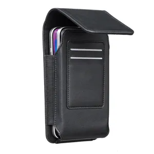 Étui holster vertical en cuir pour téléphone portable, double couche, fente carte et ceinture.