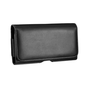 Schwarze PU-Leder Handy-Gürteltasche quer mit weißen Nähten und elastischer Seite für Gürtel.