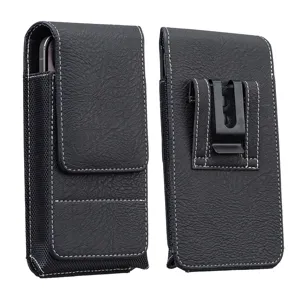Universal vertical phone holster with belt clip, cowhide texture for 6.1-6.9 inch smartphones.