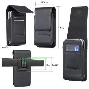 Étui de téléphone vertical en cuir PU noir avec clip ceinture et port-carte 17cm.