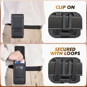 Détui de téléphone en cuir PU noir montrant le clip de ceinture robuste et les boucles.