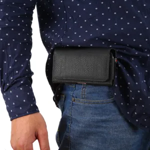 Black litchi pattern leather phone holster with belt clip waist bag multi-card slot wallet.