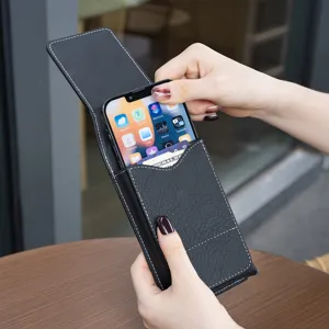 Universal vertical mobile phone holster waist bag with card slot, black PU leather oxford cloth.