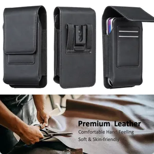 Étui de téléphone en cuir noir double couche pochette de taille avec clip et fentes.