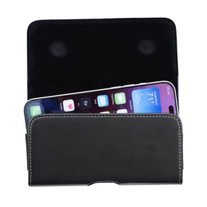 Schwarze PU Leder Handytasche für Gürtel, universelle horizontale Gürteltasche für große Smartphones.