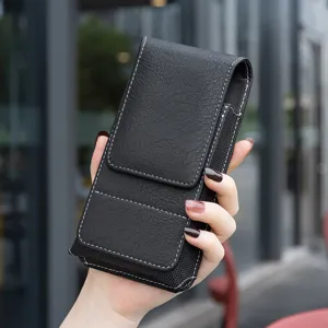 Universal phone holster waist bag, black faux leather oxford cloth pouch for mobile