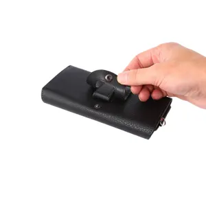 Black leather multi-function phone holster pouch with belt clip and card slots, detailed view.