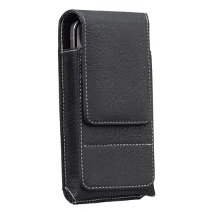 Black leather texture and oxford cloth vertical phone holster detail view, sturdy stitching.