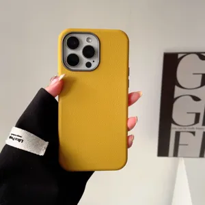 Gele leer textuur telefoonhoesje voor iPhone 16 Pro Max, premium matte zachte beschermhoes.