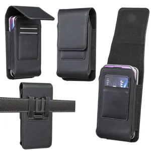 Étui de téléphone vertical en cuir PU noir avec clip de ceinture et fente pour carte.