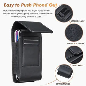 Étui de téléphone vertical en cuir PU noir avec clip de ceinture fermeture magnétique double