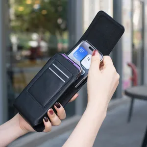 Pochette de Taille Universelle Verticale Double Couche pour Téléphone Portable Cuir PU Clip Ceinture Étui Magnétique Noir Homme