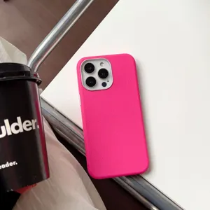 Felroze lederen textuur telefoonhoesje, premium matte zachte beschermhoes voor iPhone.