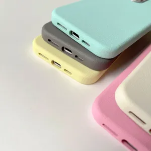 Detailed view of pastel solid color leather texture phone cases soft silicone protective back cover.