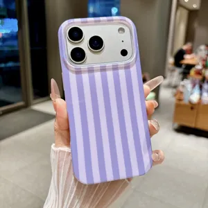 Detail view of the purple vertical striped phone case, showing texture and precise cutouts.